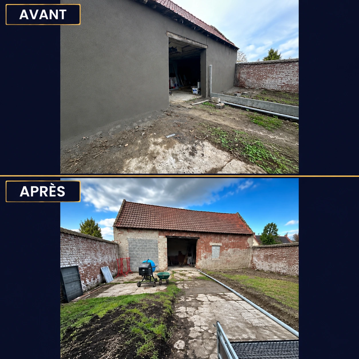 Deux vues d’une dépendance au toit de tuiles : façade enduite et façade en briques, avec une grande ouverture sur la cour