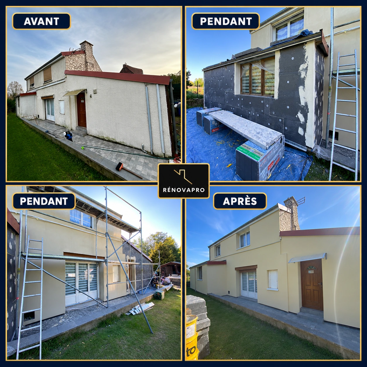 Quatre photos d’une façade : état initial, pose de l’isolant, travaux sous échafaudage et finition claire après rénovation